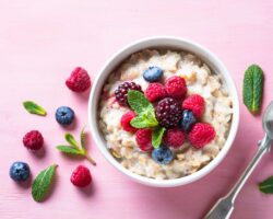 Eine Portion Porridge mit Früchten ist ein einer weißen Schüssel angerichtet.