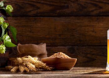 Bier im Glas neben frischem Hopfen auf einem Holztisch