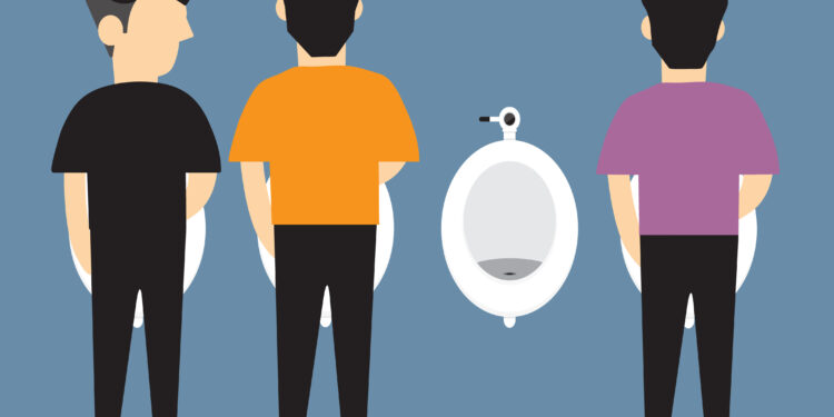 Zeichnung mit drei Männern, die im Pissoir urinieren