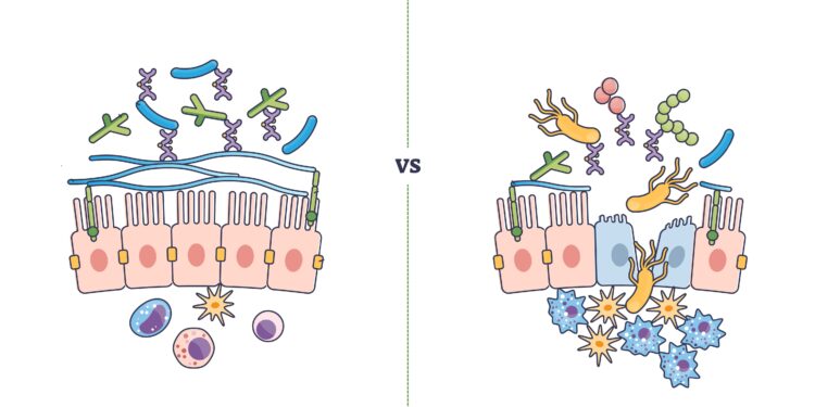 Schematische Darstellung über eine intakte Darmbarriere auf der linken Seite und eine poröse Darmbarriere auf der rechten Seite.