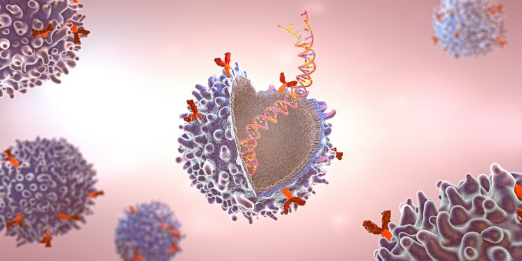 Grafische Darstellung einer Immunzelle mit Rezeptoren und mRNA-Strang.