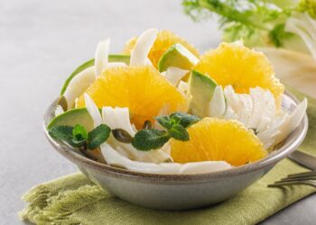 Ein Salat aus Fenchel und Orangen ist in einer Schüssel angerichtet.