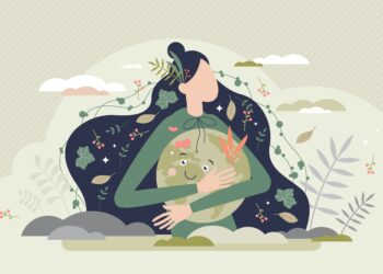 Konzeptionelle Darstellung einer Frau, die die Erde umarmt.