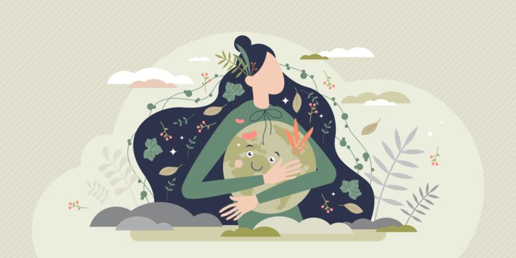 Konzeptionelle Darstellung einer Frau, die die Erde umarmt.