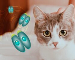 Grafische Darstellung von Toxoplasmose-Parasiten neben dem Bild einer Katze.