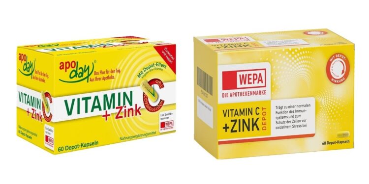 Produktabbildung: VITAMIN C + ZINK Kapseln der Marken apoday und WEPA.