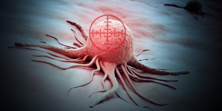Grafische Darstellung einer Krebszelle, die von einem Fadenkreuz erfasst wird.
