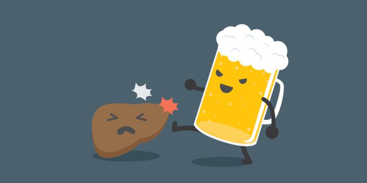 Comichafte Darstellung von einem Glas Bier, das eine Leber tritt.