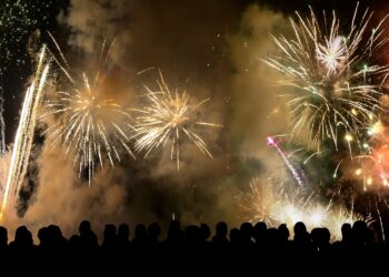 Eine Gruppe von Menschen sieht sich ein Feuerwerk an.