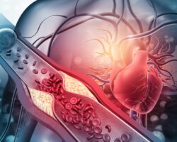 Grafische Darstellung eines Herzens und einer Arterie, die mit Plaques verstopft ist.