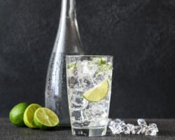 Ein Glas mit Limettenwasser vor einer Flasche Wasser und aufgeschnittenen Limetten