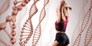 Eine sportliche Frau ist umgeben von DNA-Strängen.