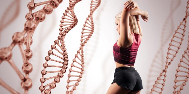 Eine sportliche Frau ist umgeben von DNA-Strängen.