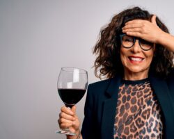 Eine Frau hält in einer Hand ein Glas Rotwein in der Hand und fasst dich mit der anderen Hand auf die Stirn.