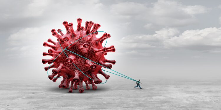 Grafik: Ein Mann zieht ein riesiges Coronavirus hinter sich her.