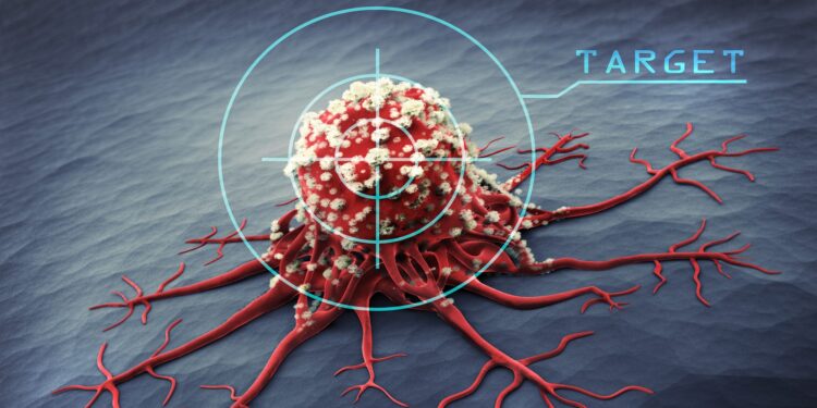 Grafische Darstellung einer Krebszelle, auf die ein Fadenkreuz gerichtet ist.