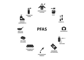 Eine Illustration mit Gegenständen, die PFAS ("ewige Chemikalien") beeinhalten.