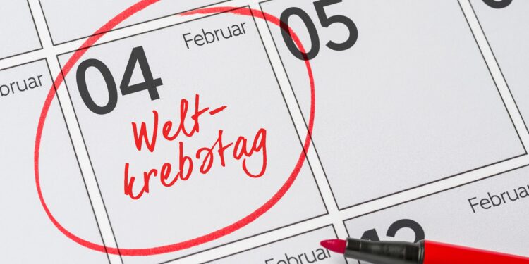 Auf einem Kalender ist der 4. Februar rot eingekringelt und mit dem Eintrag "Weltkrebstag" versehen.