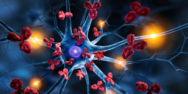 Grafische Darstellung einer Nervenzelle, die von Antikörpern des Immunsystems angegriffen wird.