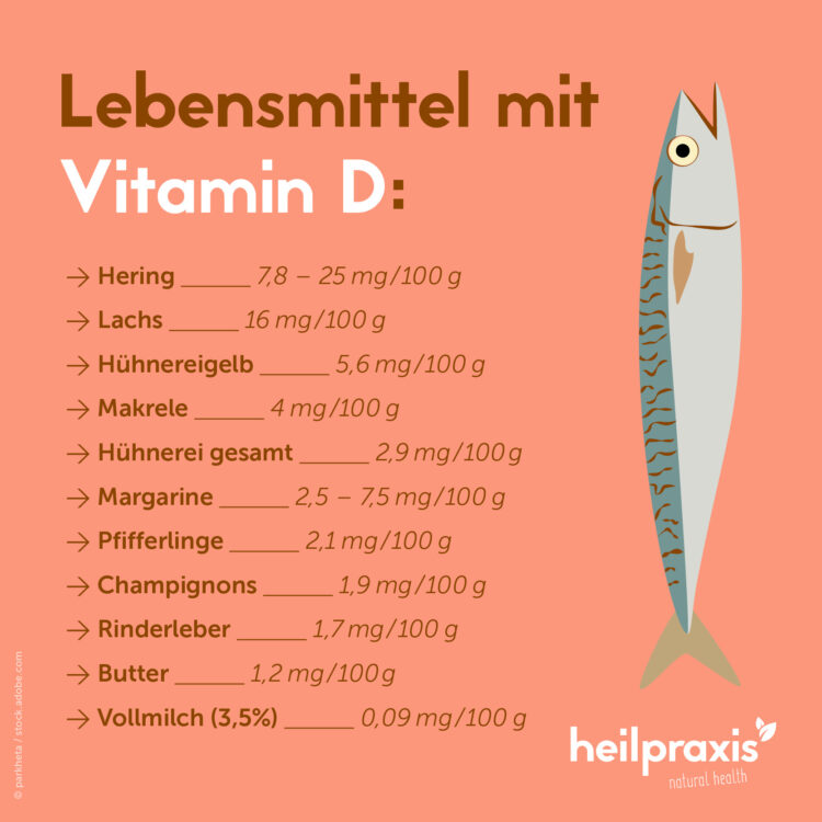 Aufzählung von Lebensmittel mit hohem Vitamin-D-Gehalt.