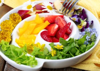 Auf einem Teller sind Obst und Gemüse in vielen unterschiedlichen Farben angeordnet.