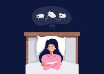 Zeichnung einer Frau im Bett, die gedanklich Schafe zählt.