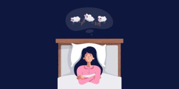 Zeichnung einer Frau im Bett, die gedanklich Schafe zählt.