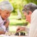 Älteres Paar spielt Schach auf einer Decke im Park.