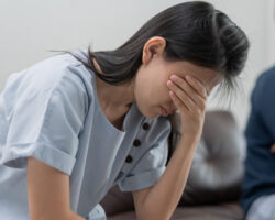 Verzweifelte Frau mit Mann im Hintergrund auf einem Sofa