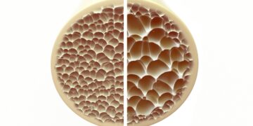 Vergleich der Knochendichte: Auf der linken Seite ist ein gesunder Knochen, auf der rechten Seite ein poröser Knochen.