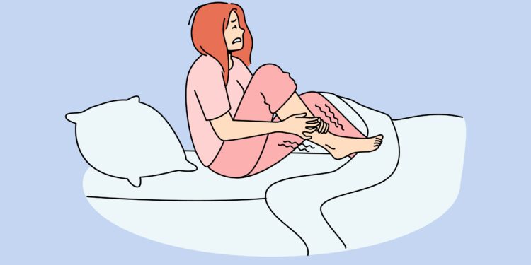 Zeichnung einer sitzenden Frau im Bett, die sich ihre Waden massiert.