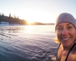 Frau badet bei Kälte in einem See.