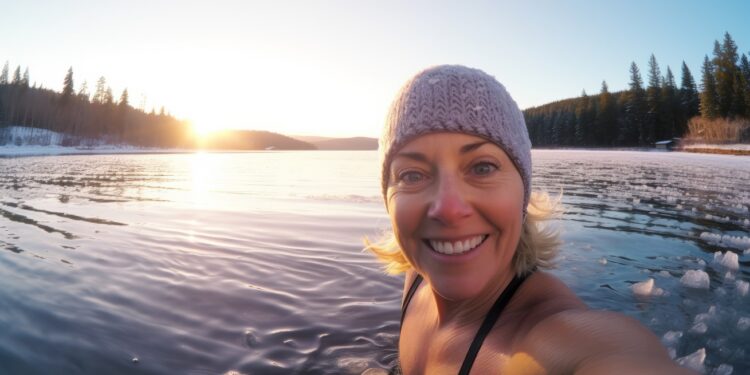 Frau badet bei Kälte in einem See.