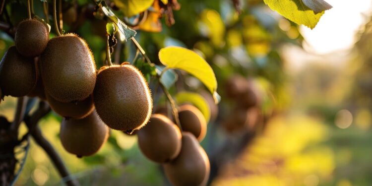 Kiwi-Früchte an Kletterranke auf einer italienischen Obstplantage